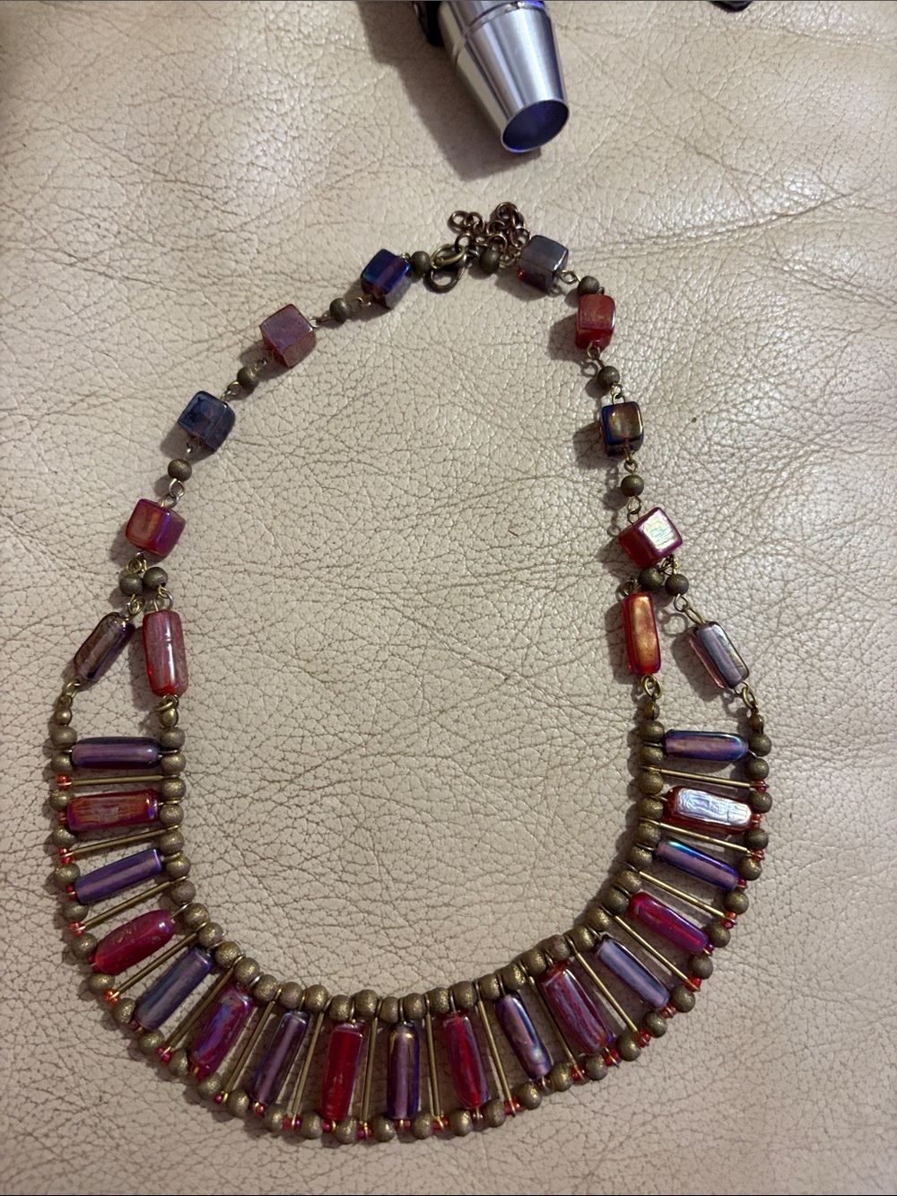 Iridescent Purple & Red Beaded Statement Necklace - Women Jewelry